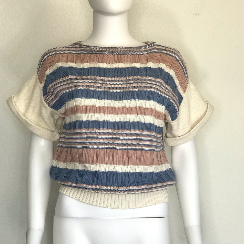 Vintage Short-Sleeve Striped Sweater - Cream, Blue & Tan New York Sasson Paris